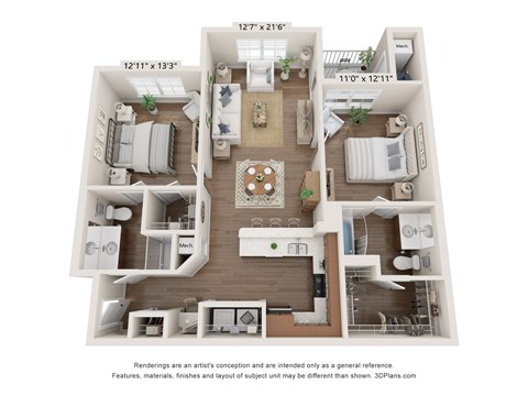 Floor plan for 2 beds, 2 baths, 996 sqft